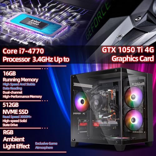 Gaming PC Desktop Computer  Intel Core i7 4770 3 4GHz  16GB DDR3 RAM  512GB SSD  GTX 1050Ti 4G  Wi Fi 6 0  USB 3 0  HDMI  RGB Fanx5  Windows 11 Home