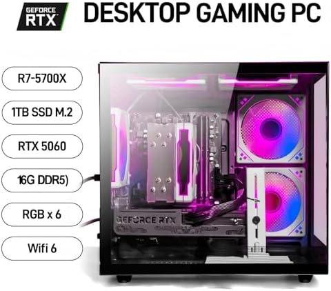 Gaming PC Desktop Ryzen 7 5700X  GeForce RTX 5060  16GB DDR4 RAM  1TB NVME SSD  Prebuilt Tower Computer for Gaming  Home VR  Black 