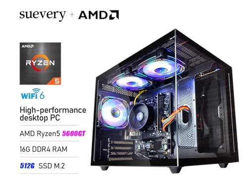 Gaming PC   Ryzen5 5600GT   Nvme SSD 512G   16GB RAM   WiFi 6 Prebuilt Towers Desktop Computer Black
