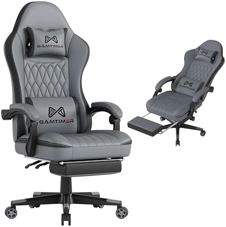 Gamtimer Gaming Chair with Footrest  Ergonomic Computer Chair  PU Breathable Material with Headrest and Lumbar Support  Suitable for Silla Gamer and Adults Grey 
