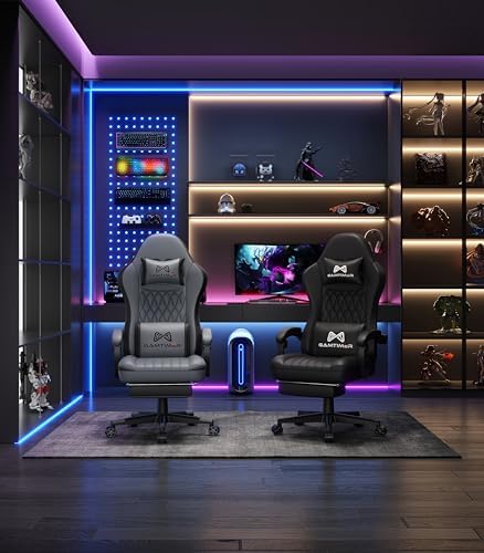 Gamtimer Gaming Chair with Footrest  Ergonomic Computer Chair  PU Breathable Material with Headrest and Lumbar Support  Suitable for Silla Gamer and Adults Grey 