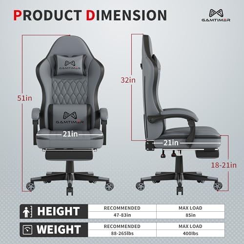 Gamtimer Gaming Chair with Footrest  Ergonomic Computer Chair  PU Breathable Material with Headrest and Lumbar Support  Suitable for Silla Gamer and Adults Grey 