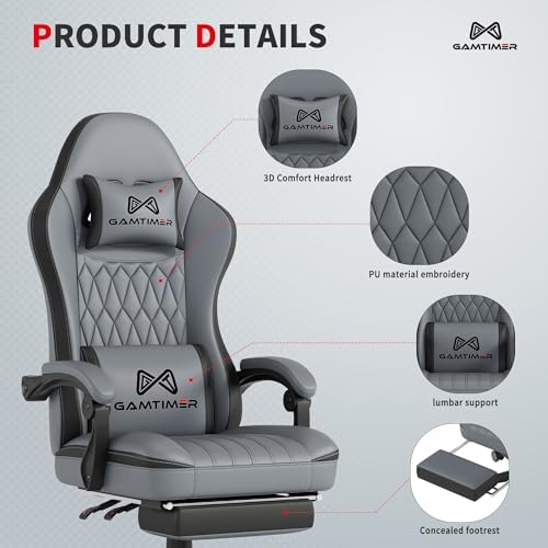 Gamtimer Gaming Chair with Footrest  Ergonomic Computer Chair  PU Breathable Material with Headrest and Lumbar Support  Suitable for Silla Gamer and Adults Grey 
