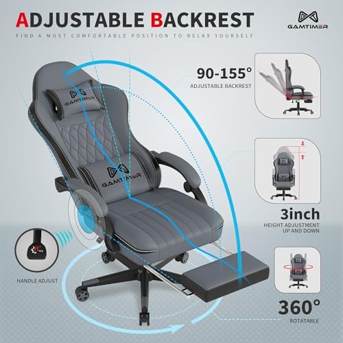 Gamtimer Gaming Chair with Footrest  Ergonomic Computer Chair  PU Breathable Material with Headrest and Lumbar Support  Suitable for Silla Gamer and Adults Grey 