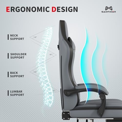 Gamtimer Gaming Chair with Footrest  Ergonomic Computer Chair  PU Breathable Material with Headrest and Lumbar Support  Suitable for Silla Gamer and Adults Grey 