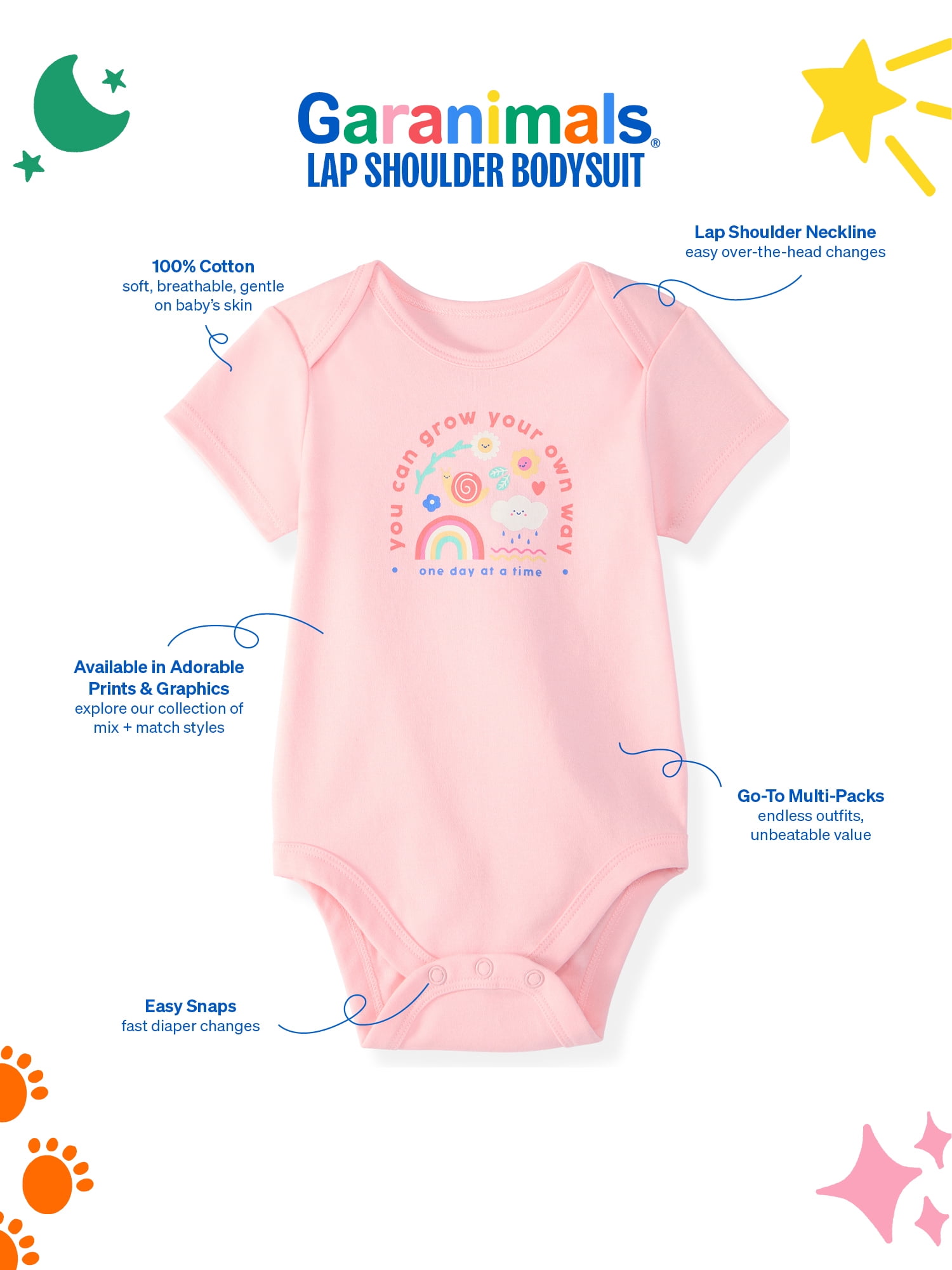 Garanimals Newborn Baby Boy  Girl & Unisex Cotton Short Sleeve Bodysuits  Sizes 0 24 Months  Single & 4 Pack