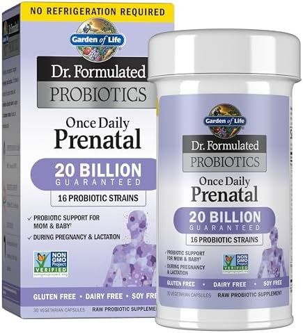Garden of Life Dr  Formulated Probiotics Once Daily Prenatal   Acidophilus and Bifidobacteria Probiotic Support for Mom and Baby   Shelf Stable   Gluten  Dairy  and Soy Free   30 Vegetarian Capsules