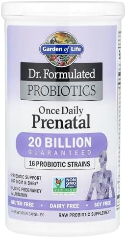 Garden of Life Dr  Formulated Probiotics Once Daily Prenatal   Acidophilus and Bifidobacteria Probiotic Support for Mom and Baby   Shelf Stable   Gluten  Dairy  and Soy Free   30 Vegetarian Capsules