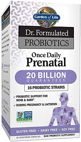 Garden of Life Dr  Formulated Probiotics Once Daily Prenatal   Acidophilus and Bifidobacteria Probiotic Support for Mom and Baby   Shelf Stable   Gluten  Dairy  and Soy Free   30 Vegetarian Capsules