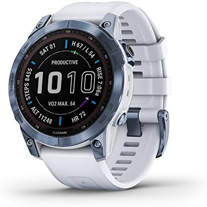 Garmin Fenix 7 Sapphire Solar  Smartwatch  with Solar Charging Capabilities  Mineral Blue Titanium with Whitestone Band  Renewed 
