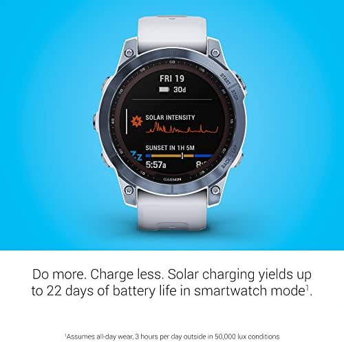 Garmin Fenix 7 Sapphire Solar  Smartwatch  with Solar Charging Capabilities  Mineral Blue Titanium with Whitestone Band  Renewed 