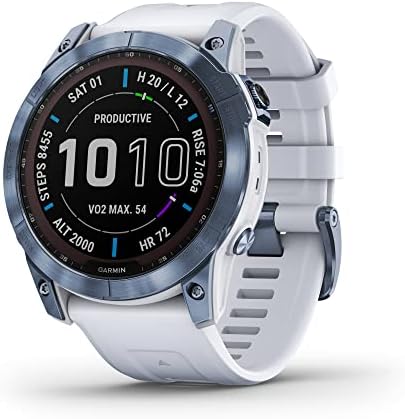 Garmin Fenix 7 Sapphire Solar  Smartwatch  with Solar Charging Capabilities  Mineral Blue Titanium with Whitestone Band  Renewed 