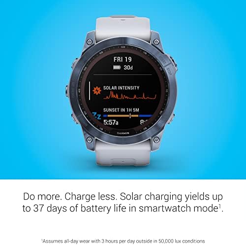 Garmin Fenix 7 Sapphire Solar  Smartwatch  with Solar Charging Capabilities  Mineral Blue Titanium with Whitestone Band  Renewed 