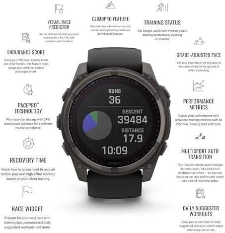 Garmin Fenix 8 47MM AMOLED Sapphire Premium Multisport GPS Smartwatch Carbon Gray DLC Titanium with Black Gray Silicone Band  Built in LED Flashlight  Health & Fitness Smart Watch Bundle for Men