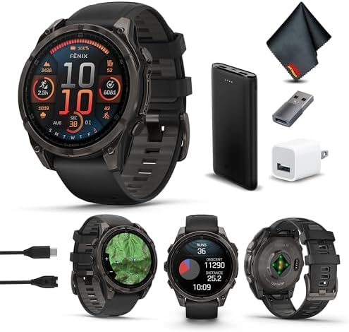 Garmin Fenix 8 47MM AMOLED Sapphire Premium Multisport GPS Smartwatch Carbon Gray DLC Titanium with Black Gray Silicone Band  Built in LED Flashlight  Health & Fitness Smart Watch Bundle for Men