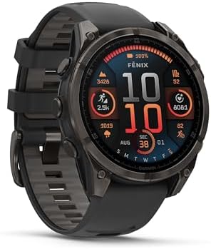 Garmin Fenix 8 47MM AMOLED Sapphire Premium Multisport GPS Smartwatch Carbon Gray DLC Titanium with Black Gray Silicone Band  Built in LED Flashlight  Health & Fitness Smart Watch Bundle for Men