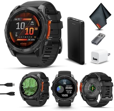 Garmin Fenix 8 47MM AMOLED Sapphire Premium Multisport GPS Smartwatch Carbon Gray DLC Titanium with Black Gray Silicone Band  Built in LED Flashlight  Health & Fitness Smart Watch Bundle for Men