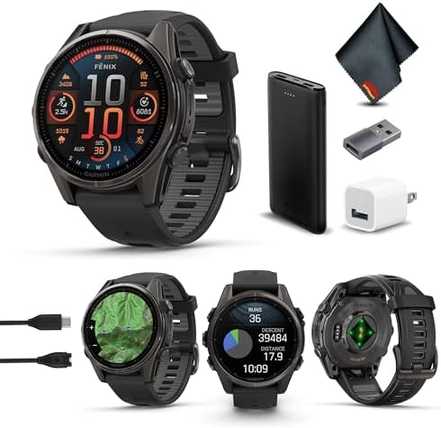 Garmin Fenix 8 47MM AMOLED Sapphire Premium Multisport GPS Smartwatch Carbon Gray DLC Titanium with Black Gray Silicone Band  Built in LED Flashlight  Health & Fitness Smart Watch Bundle for Men
