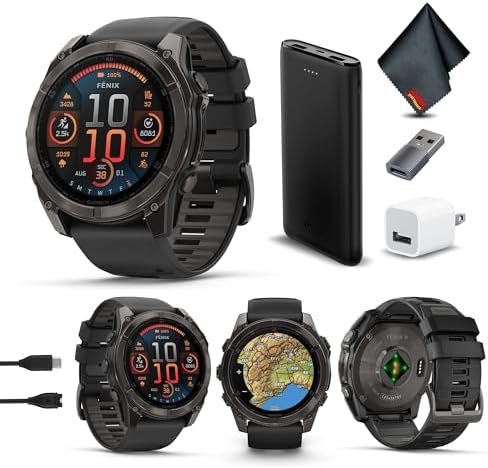 Garmin Fenix 8 47MM AMOLED Sapphire Premium Multisport GPS Smartwatch Carbon Gray DLC Titanium with Black Gray Silicone Band  Built in LED Flashlight  Health & Fitness Smart Watch Bundle for Men