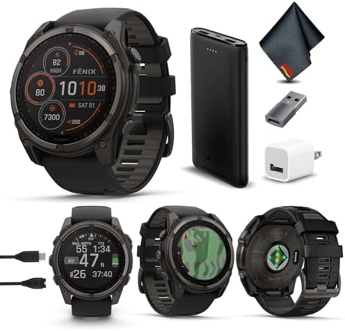 Garmin Fenix 8 47MM AMOLED Sapphire Premium Multisport GPS Smartwatch Carbon Gray DLC Titanium with Black Gray Silicone Band  Built in LED Flashlight  Health & Fitness Smart Watch Bundle for Men