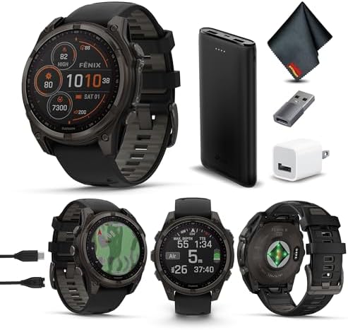 Garmin Fenix 8 47MM AMOLED Sapphire Premium Multisport GPS Smartwatch Carbon Gray DLC Titanium with Black Gray Silicone Band  Built in LED Flashlight  Health & Fitness Smart Watch Bundle for Men