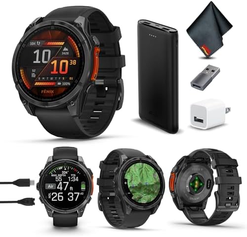 Garmin Fenix 8 47MM AMOLED Sapphire Premium Multisport GPS Smartwatch Carbon Gray DLC Titanium with Black Gray Silicone Band  Built in LED Flashlight  Health & Fitness Smart Watch Bundle for Men