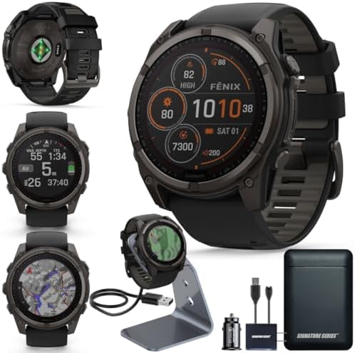 Garmin Fenix 8 Premium Multisport GPS Running Smartwatch  51 mm  Sapphire  Solar  Dive Rated  Built in Flashlight  DLC Titanium with Pebble Gray Band   Signature Series Charging Stand