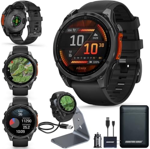 Garmin Fenix 8 Premium Multisport GPS Running Smartwatch  51 mm  Sapphire  Solar  Dive Rated  Built in Flashlight  DLC Titanium with Pebble Gray Band   Signature Series Charging Stand
