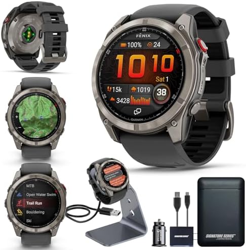 Garmin Fenix 8 Premium Multisport GPS Running Smartwatch  51 mm  Sapphire  Solar  Dive Rated  Built in Flashlight  DLC Titanium with Pebble Gray Band   Signature Series Charging Stand