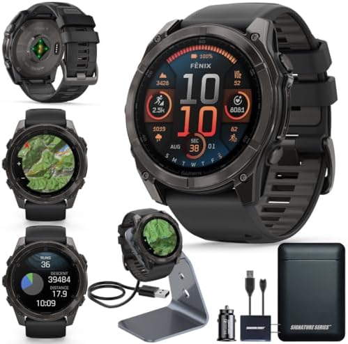 Garmin Fenix 8 Premium Multisport GPS Running Smartwatch  51 mm  Sapphire  Solar  Dive Rated  Built in Flashlight  DLC Titanium with Pebble Gray Band   Signature Series Charging Stand