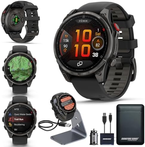 Garmin Fenix 8 Premium Multisport GPS Running Smartwatch  51 mm  Sapphire  Solar  Dive Rated  Built in Flashlight  DLC Titanium with Pebble Gray Band   Signature Series Charging Stand