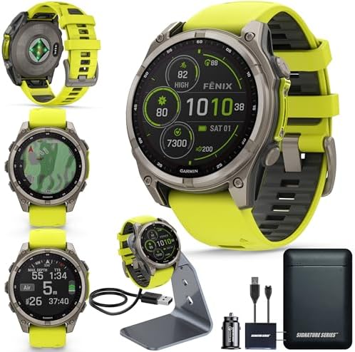 Garmin Fenix 8 Premium Multisport GPS Running Smartwatch  51 mm  Sapphire  Solar  Dive Rated  Built in Flashlight  DLC Titanium with Pebble Gray Band   Signature Series Charging Stand