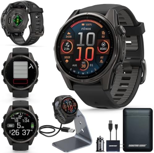 Garmin Fenix 8 Premium Multisport GPS Running Smartwatch  51 mm  Sapphire  Solar  Dive Rated  Built in Flashlight  DLC Titanium with Pebble Gray Band   Signature Series Charging Stand