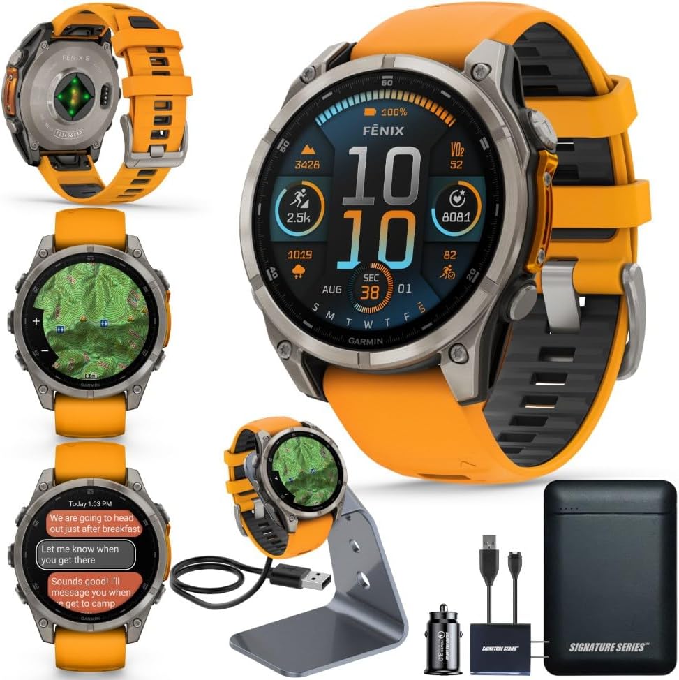 Garmin Fenix 8 Premium Multisport GPS Running Smartwatch  51 mm  Sapphire  Solar  Dive Rated  Built in Flashlight  DLC Titanium with Pebble Gray Band   Signature Series Charging Stand