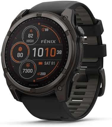 Garmin Fenix 8 Premium Multisport GPS Running Smartwatch  51 mm  Sapphire  Solar  Dive Rated  Built in Flashlight  DLC Titanium with Pebble Gray Band   Signature Series Charging Stand