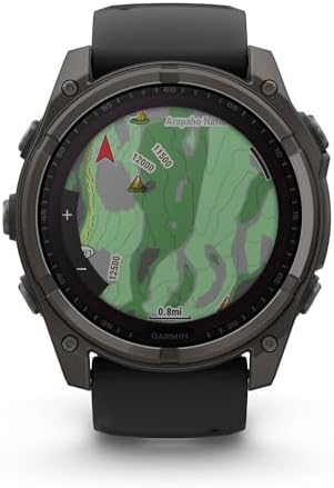 Garmin Fenix 8 Premium Multisport GPS Running Smartwatch  51 mm  Sapphire  Solar  Dive Rated  Built in Flashlight  DLC Titanium with Pebble Gray Band   Signature Series Charging Stand