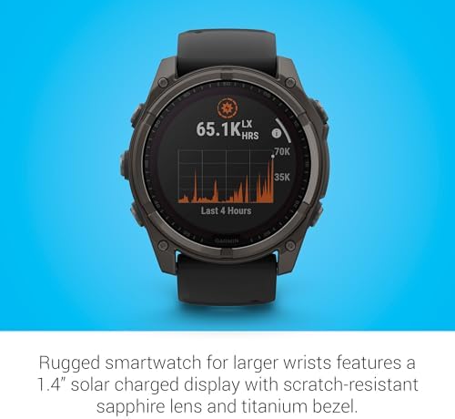 Garmin Fenix 8 Premium Multisport GPS Running Smartwatch  51 mm  Sapphire  Solar  Dive Rated  Built in Flashlight  DLC Titanium with Pebble Gray Band   Signature Series Charging Stand
