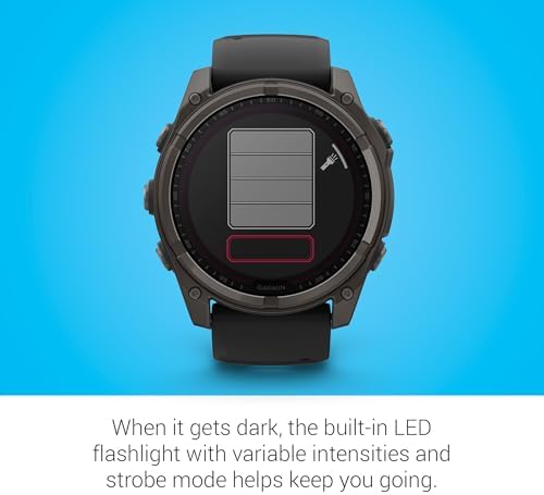 Garmin Fenix 8 Premium Multisport GPS Running Smartwatch  51 mm  Sapphire  Solar  Dive Rated  Built in Flashlight  DLC Titanium with Pebble Gray Band   Signature Series Charging Stand