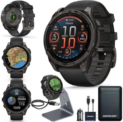 Garmin Fenix 8 Premium Multisport GPS Running Smartwatch  51 mm  Sapphire  Solar  Dive Rated  Built in Flashlight  DLC Titanium with Pebble Gray Band   Signature Series Charging Stand