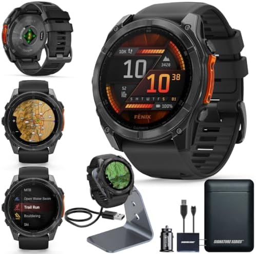 Garmin Fenix 8 Premium Multisport GPS Running Smartwatch  51 mm  Sapphire  Solar  Dive Rated  Built in Flashlight  DLC Titanium with Pebble Gray Band   Signature Series Charging Stand