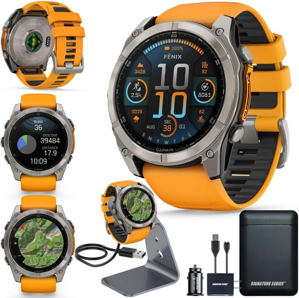 Garmin Fenix 8 Premium Multisport GPS Running Smartwatch  51 mm  Sapphire  Solar  Dive Rated  Built in Flashlight  DLC Titanium with Pebble Gray Band   Signature Series Charging Stand