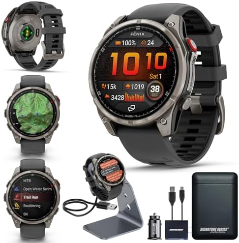 Garmin Fenix 8 Premium Multisport GPS Running Smartwatch  51 mm  Sapphire  Solar  Dive Rated  Built in Flashlight  DLC Titanium with Pebble Gray Band   Signature Series Charging Stand