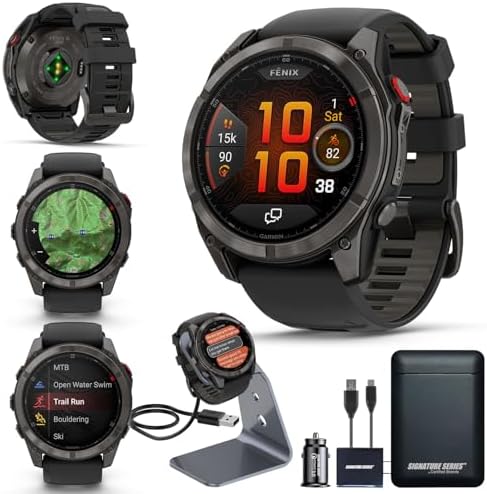 Garmin Fenix 8 Premium Multisport GPS Running Smartwatch  51 mm  Sapphire  Solar  Dive Rated  Built in Flashlight  DLC Titanium with Pebble Gray Band   Signature Series Charging Stand