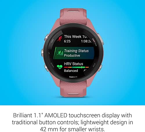 Garmin Forerunner 265S Running Smartwatch  Colorful AMOLED Display  Training Metrics and Recovery Insights  Light Pink and Powder Gray