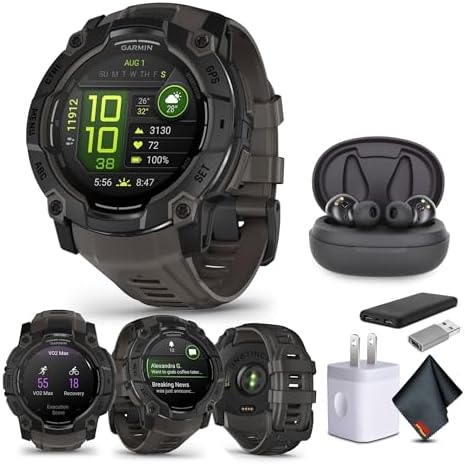 Garmin Instinct 3 45mm AMOLED Display Outdoor GPS Smartwatch  Metal Reinforced Bezel  Built in Flashlight  18 Days Battery Life  Black  010 02936 00  with Earbuds Bundle