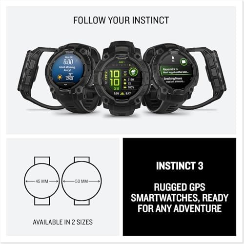 Garmin Instinct  3 45mm  Solar Charged Display  Rugged Outdoor GPS Smartwatch  Metal Reinforced Bezel  Built in Flashlight  Black