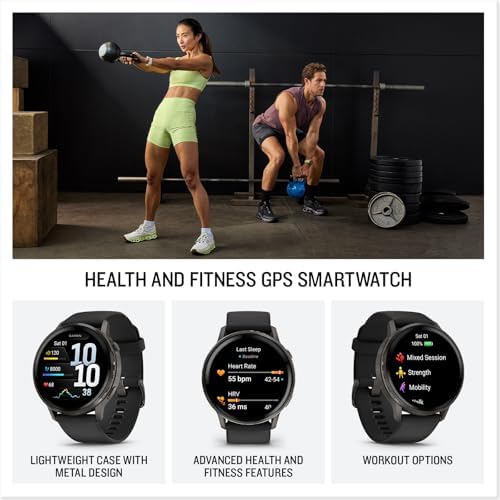 Garmin Venu  4  45mm  Advanced Health and Fitness GPS Smartwatch  Bright and Colorful Display  Built in Flashlight  12 Days of Battery Life  Slate with Black Silicone Band