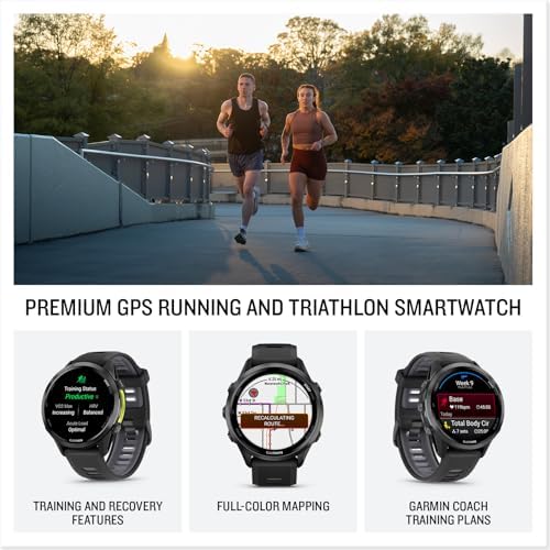 Garmin  Forerunner  970  Premium GPS Running and Triathlon Smartwatch  AMOLED Display  Built in LED Flashlight  Carbon Gray DLC Titanium with Black Case and Translucent Whitestone Band