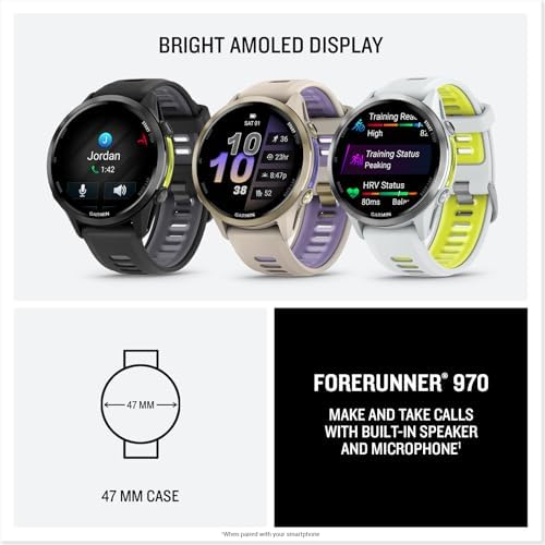 Garmin  Forerunner  970  Premium GPS Running and Triathlon Smartwatch  AMOLED Display  Built in LED Flashlight  Carbon Gray DLC Titanium with Black Case and Translucent Whitestone Band