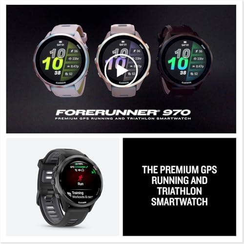 Garmin  Forerunner  970  Premium GPS Running and Triathlon Smartwatch  AMOLED Display  Built in LED Flashlight  Carbon Gray DLC Titanium with Black Case and Translucent Whitestone Band